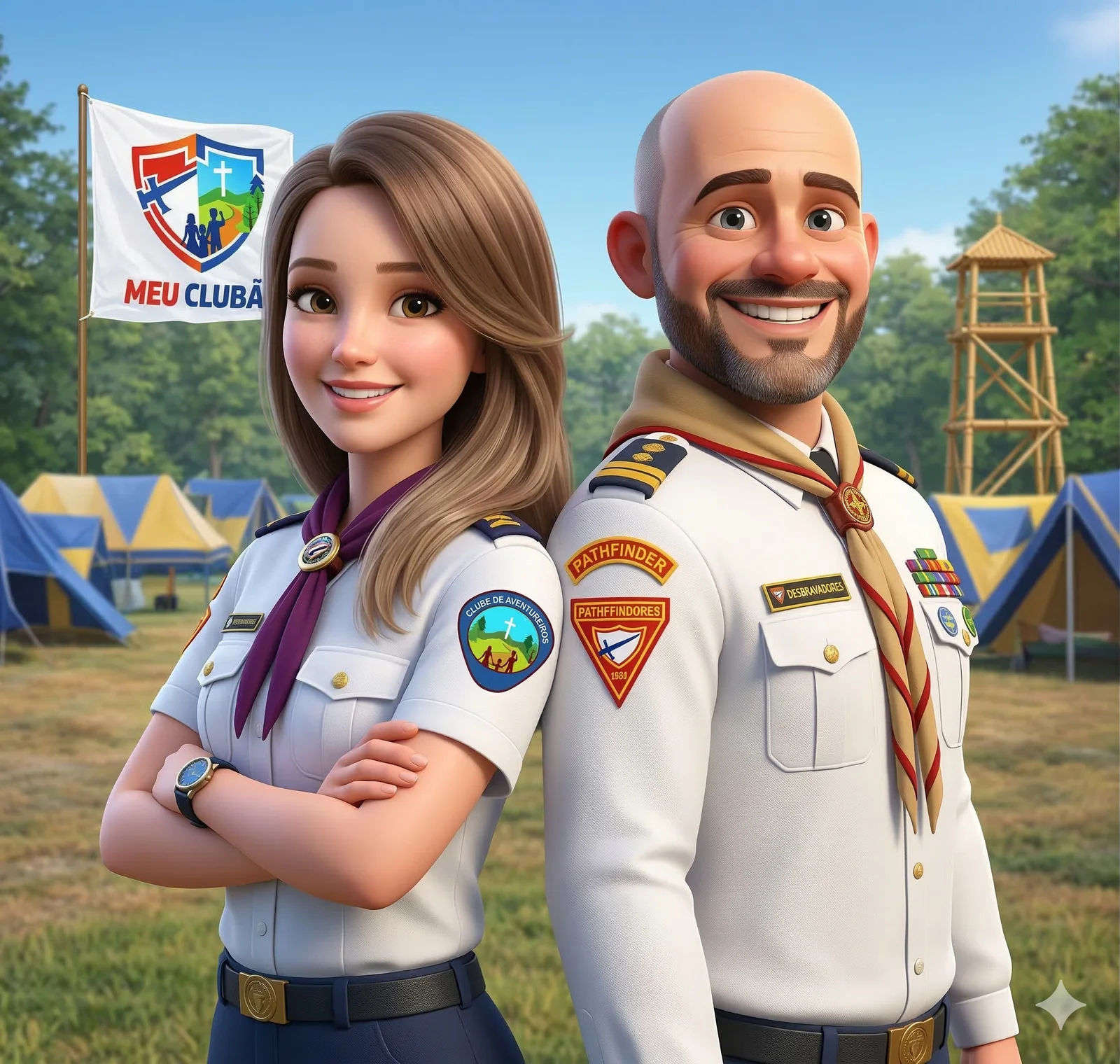 Diretora e diretor de Desbravadores em acampamento apresentando o Meu Club&atilde;o